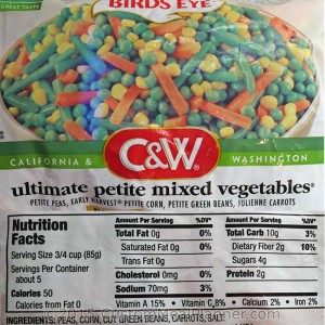 Vegetables, mixed, peas, corn, beans, carrots, nutritional information